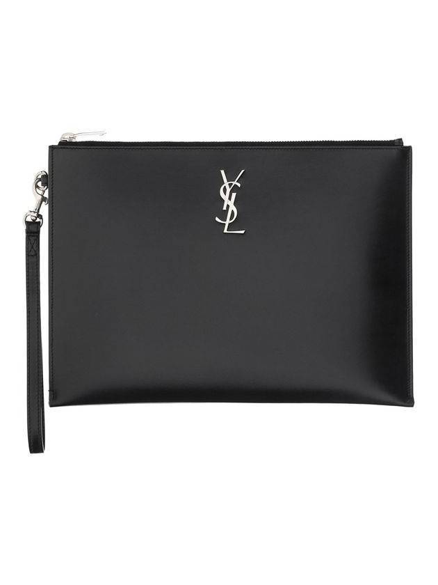Luxury Saint Laurent Monogram Silver Logo Clutch Bag Black