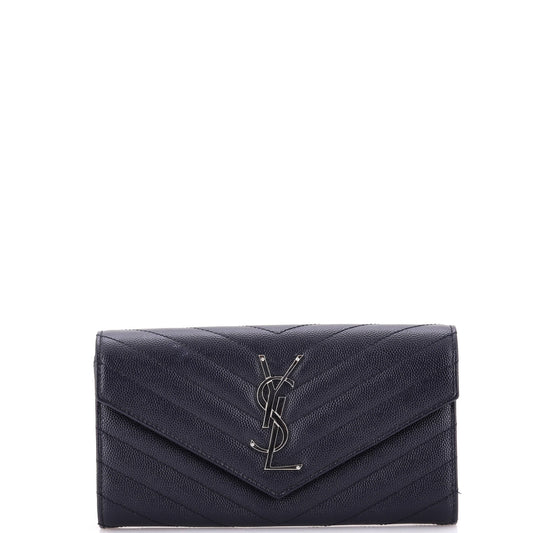 Luxury Saint Laurent Classic Monogram Flap Wallet Matelasse Chevron Leather Large