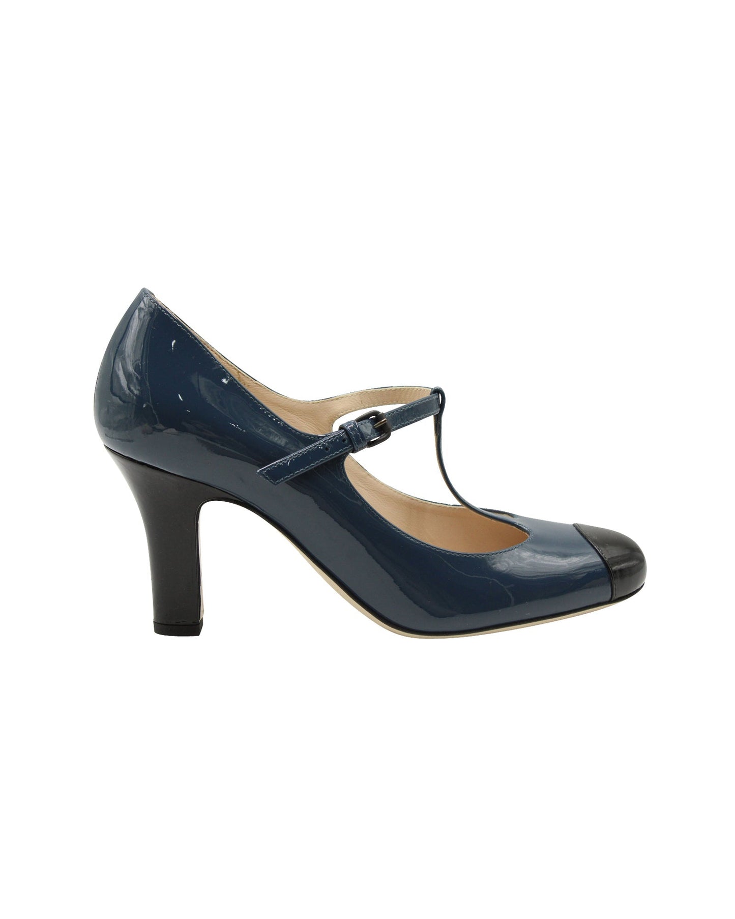 Luxury Bottega Veneta T-Strap Two-Toned Mary Janes in Blue Patent Leather