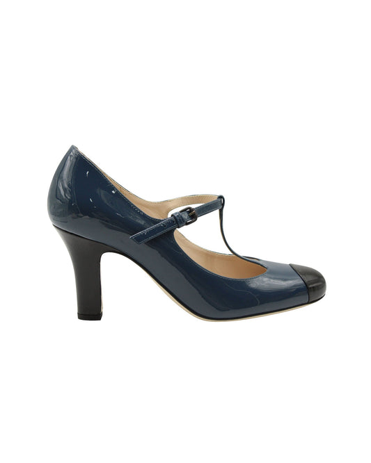Luxury Bottega Veneta T-Strap Two-Toned Mary Janes in Blue Patent Leather