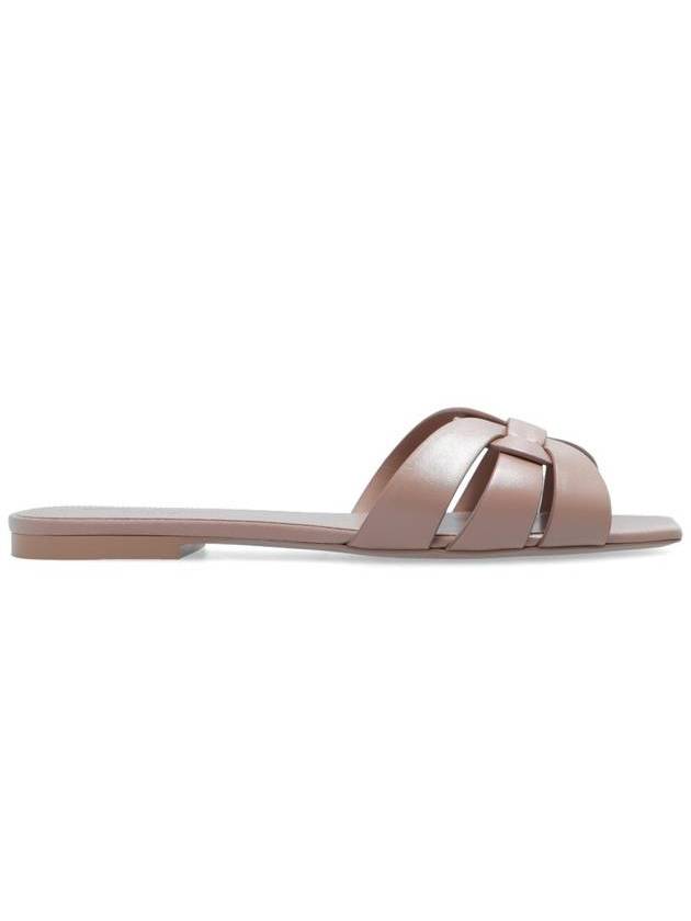 Luxury Saint Laurent Tribute Smooth Leather Mules Dark Beige
