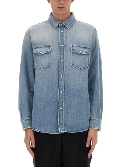 Luxury Saint Laurent Oversized Denim Long Sleeve Shirt Blue