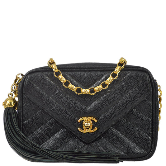 Chanel Black Caviar Skin V Stitch Camera Bag Mini
