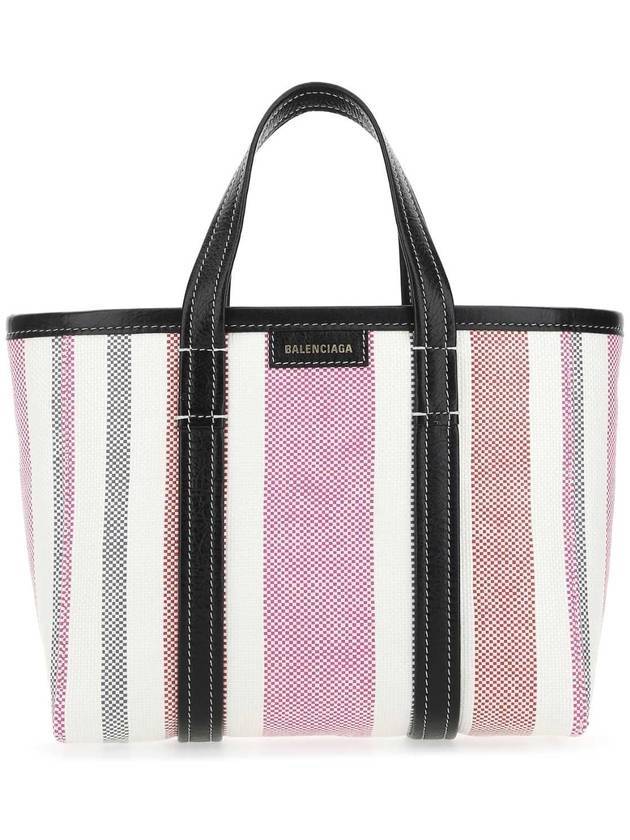 Luxury Balenciaga Barbes East West Raffia Striped Shopper Tote Bag Pink