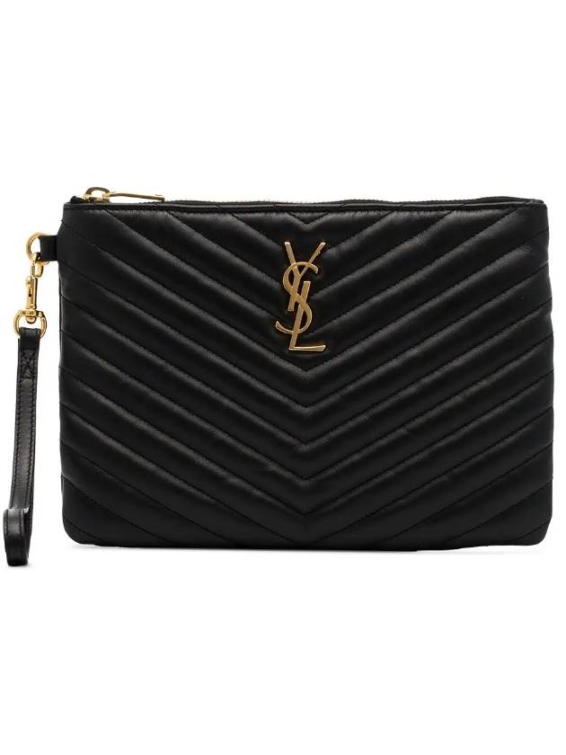 Luxury Saint Laurent Matelasse Monogram Logo Strap Clutch Bag Black