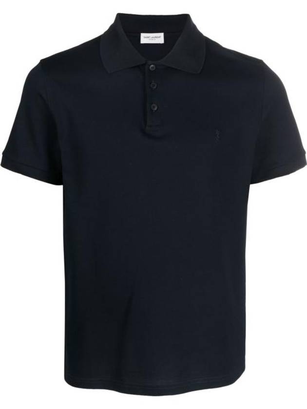 Luxury Saint Laurent Men's Monogram Cotton Short Sleeve Polo Shirt Navy