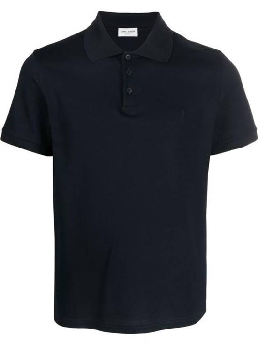 Luxury Saint Laurent Men's Monogram Cotton Short Sleeve Polo Shirt Navy
