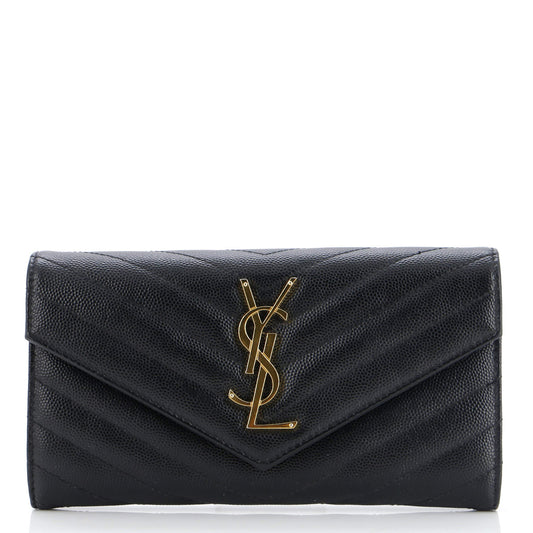 Luxury Saint Laurent Classic Monogram Flap Wallet Matelasse Chevron Leather Large