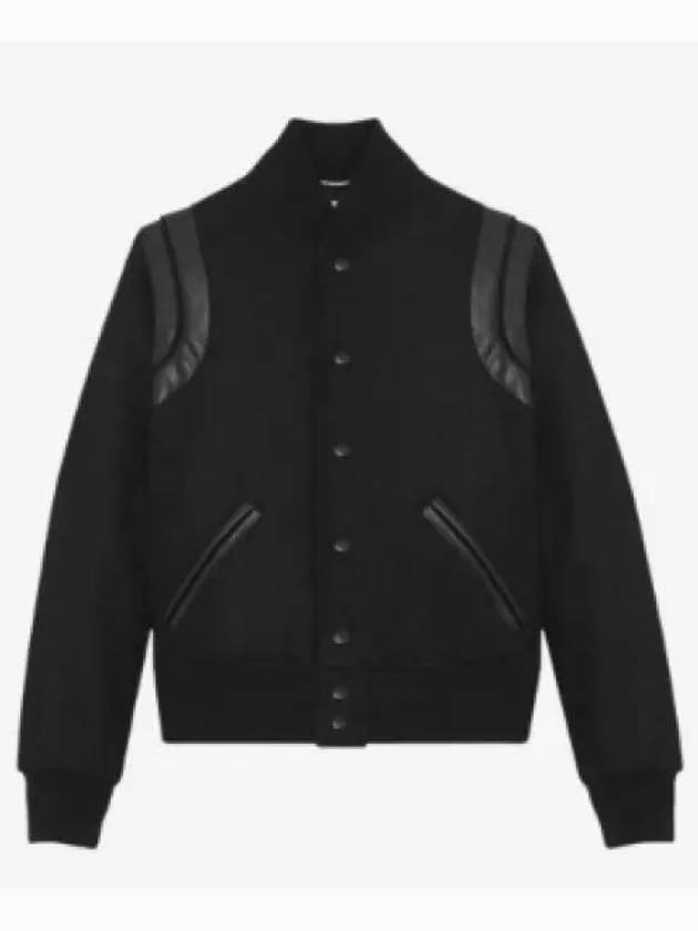 Luxury Saint Laurent Men's Teddy Light Wool Stadium Bomber Jacket Black