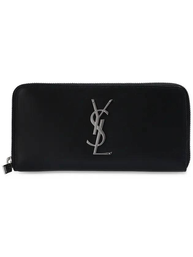 Luxury Saint Laurent Monogram Silver Logo Zip Around Long Wallet Black