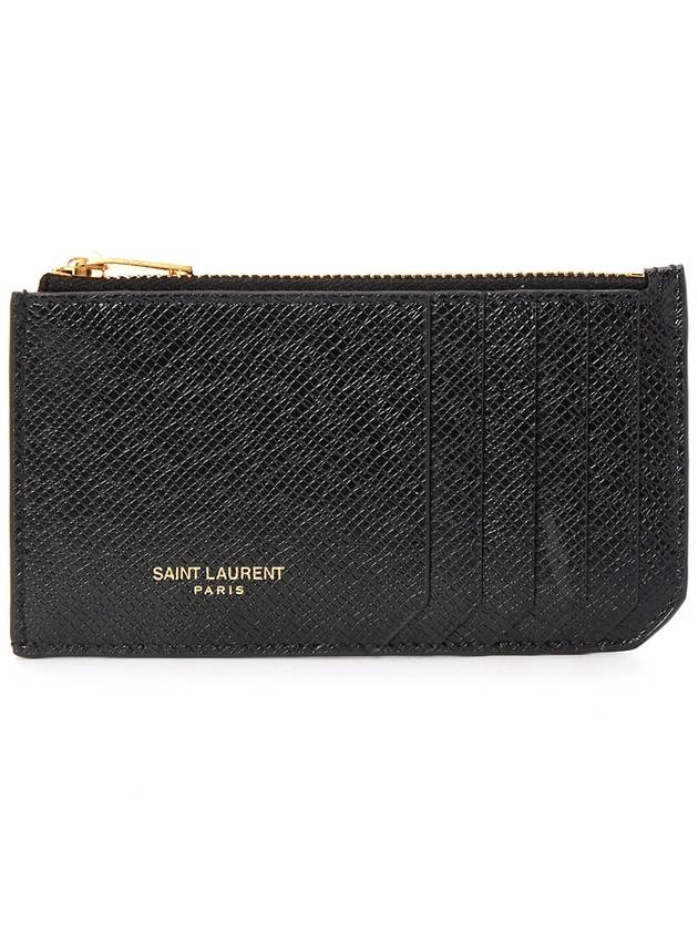 Luxury Saint Laurent Coated Bark Leather Fragment Zipper Card Wallet Black