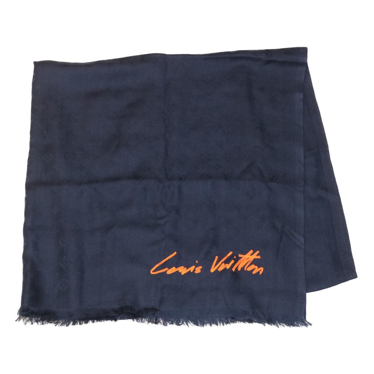 LOUIS VUITTON Monogram Signature VIP Shawl Silk Cashmere Navy LV ak174A