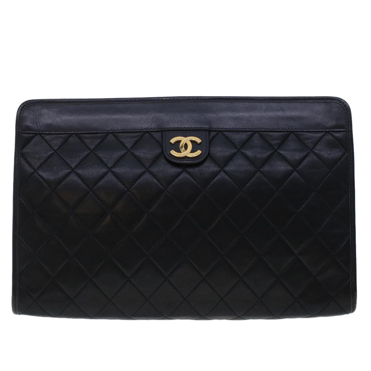CHANEL Clutch Bag Lamb Skin Black CC Auth am4611