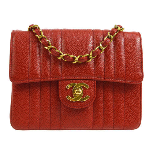 CHANEL★ 1991-1994 Red Caviar Skin Vertical Classic Square Flap Mini ao11085