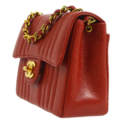 CHANEL★ 1991-1994 Red Caviar Skin Vertical Classic Square Flap Mini ao11085