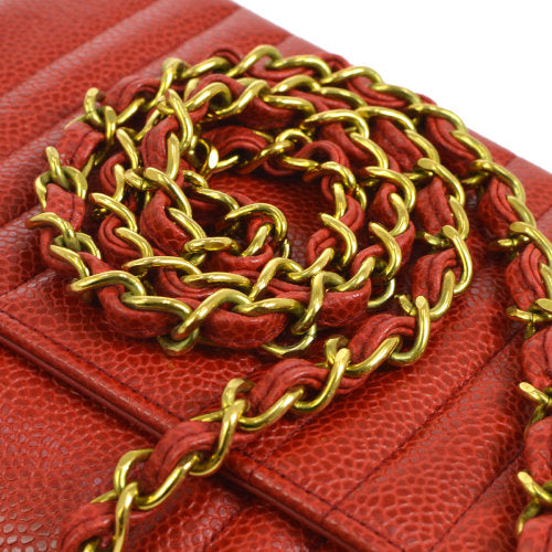 CHANEL★ 1991-1994 Red Caviar Skin Vertical Classic Square Flap Mini ao11085