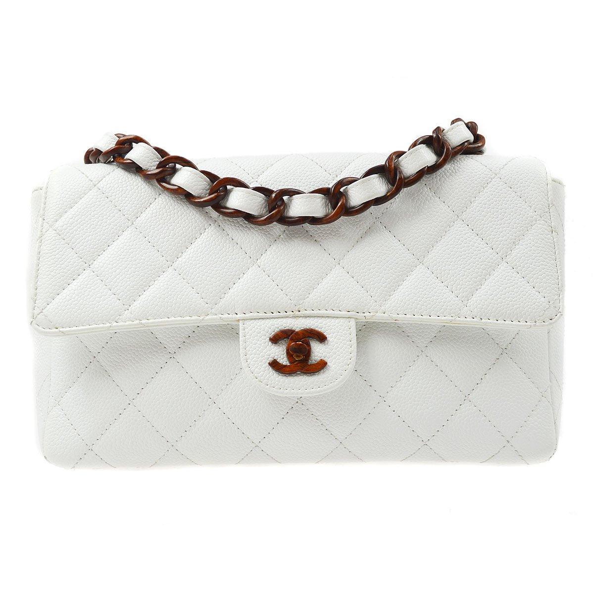 CHANEL 1997-1999 Wood Chain Classic Flap Medium White Caviar ao28840