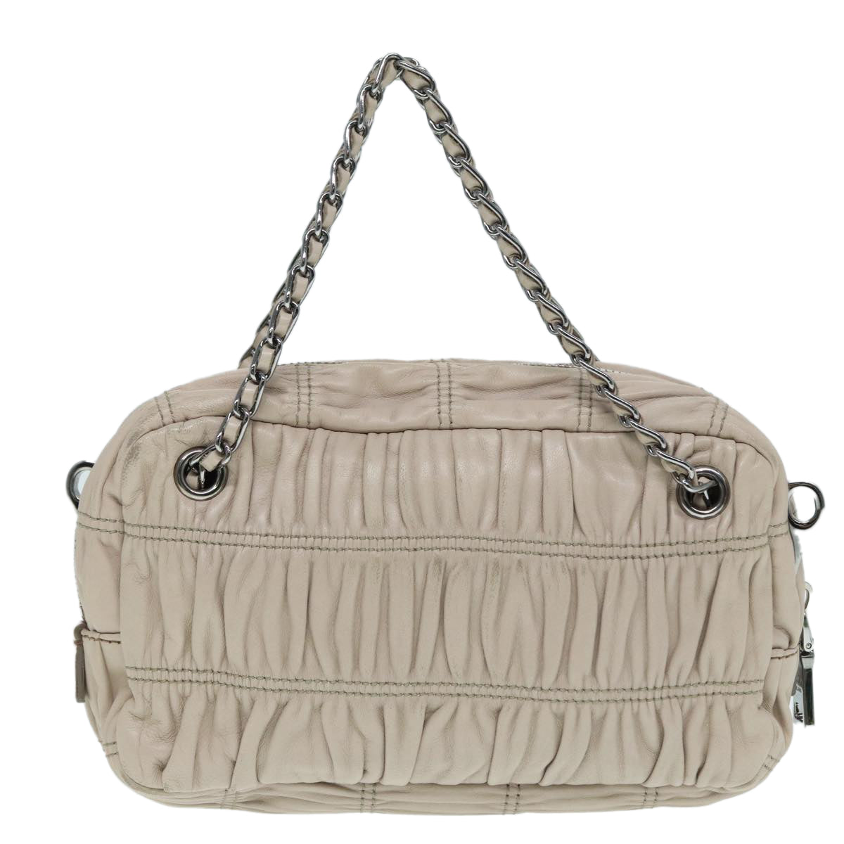 Luxury Prada Gathered Hand Bag Leather 2way Beige Silver BN1407  ar12492
