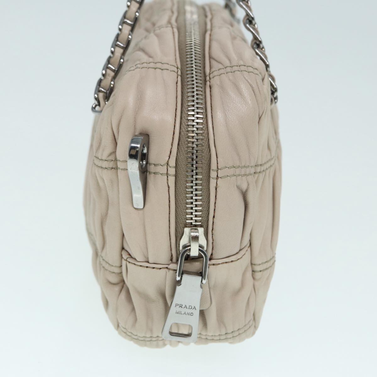 Luxury Prada Gathered Hand Bag Leather 2way Beige Silver BN1407  ar12492
