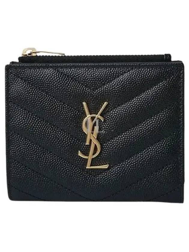 Luxury Saint Laurent Cassandre Matelasse Grain De Poudre Embossed Leather Half Wallet Black