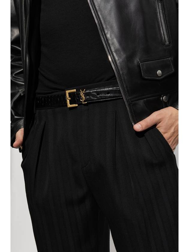 Luxury Saint Laurent Cassandra Square Crocodile Leather Buckle Belt Black