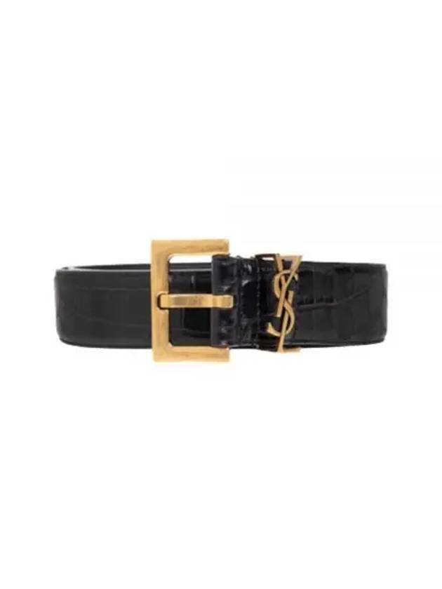 Luxury Saint Laurent Cassandra Square Crocodile Leather Buckle Belt Black