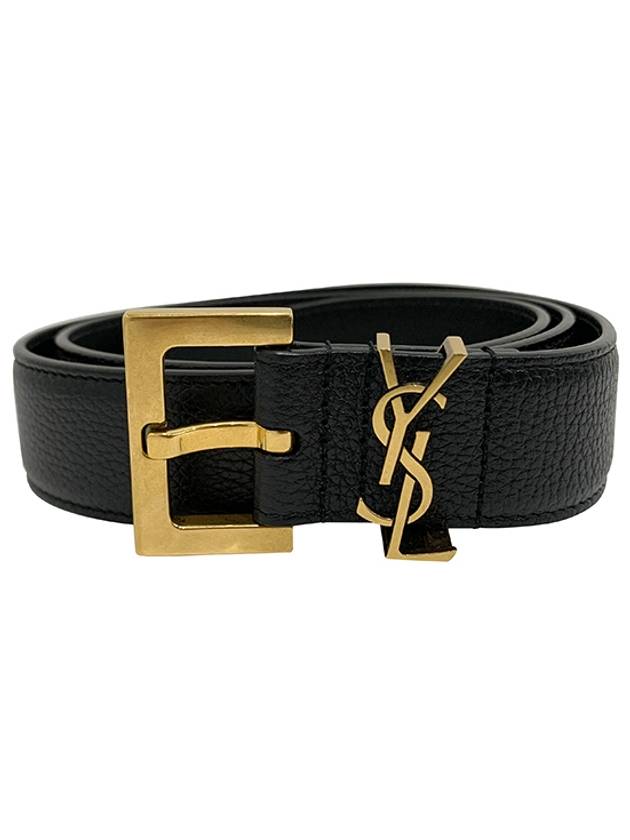 Luxury Saint Laurent Cassandre Belt with Square Buckle in Grained Leather Black