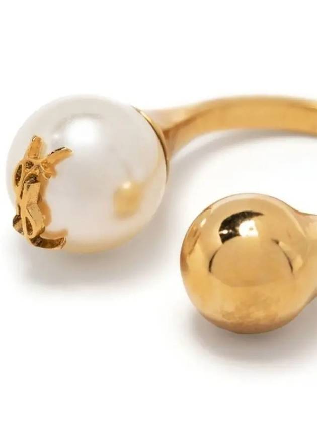 Luxury Saint Laurent YSL Logo Pearl Ring Aging Brass Gold