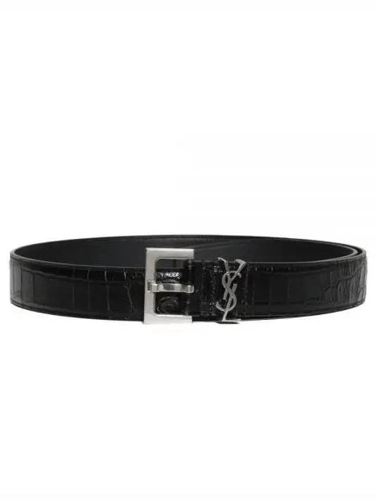 Luxury Saint Laurent Monogram Crocodile Leather Belt Black