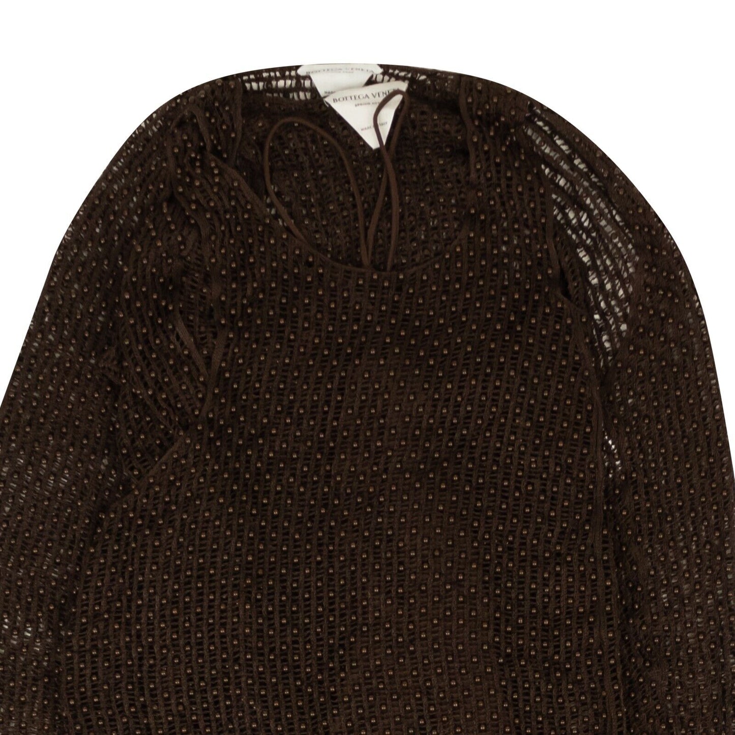 NWT Luxury Bottega Veneta Chocolate Brown Beaded Mesh Knit Dress Set
