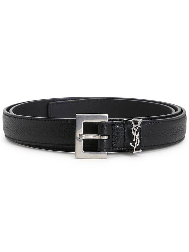 Luxury Saint Laurent Men's Monogram Silver Buckle Leather Belt Black