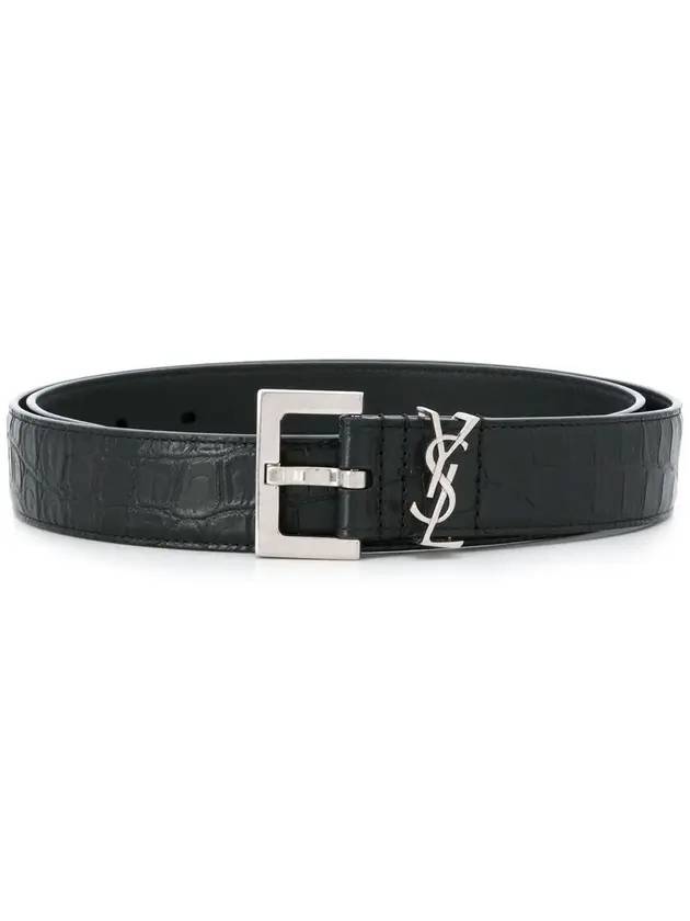 Luxury Saint Laurent Monogram Crocodile Leather Belt Black