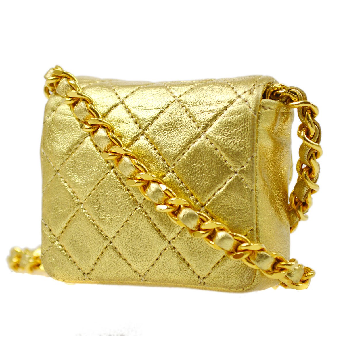 Luxury Chanel 1989-1991 Gold Lambskin Micro Classic Flap Shoulder Bag