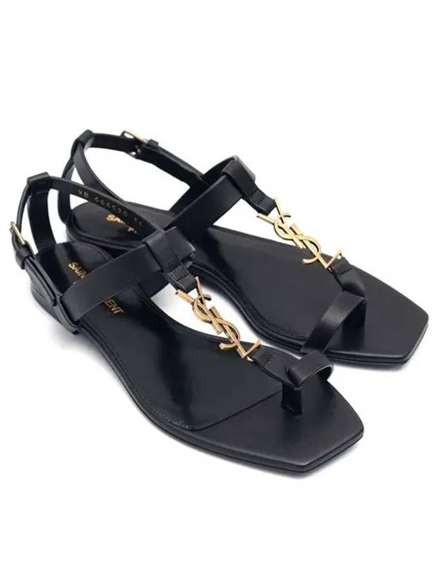 Luxury Saint Laurent Cassandra Smooth Leather Flat Sandals Black