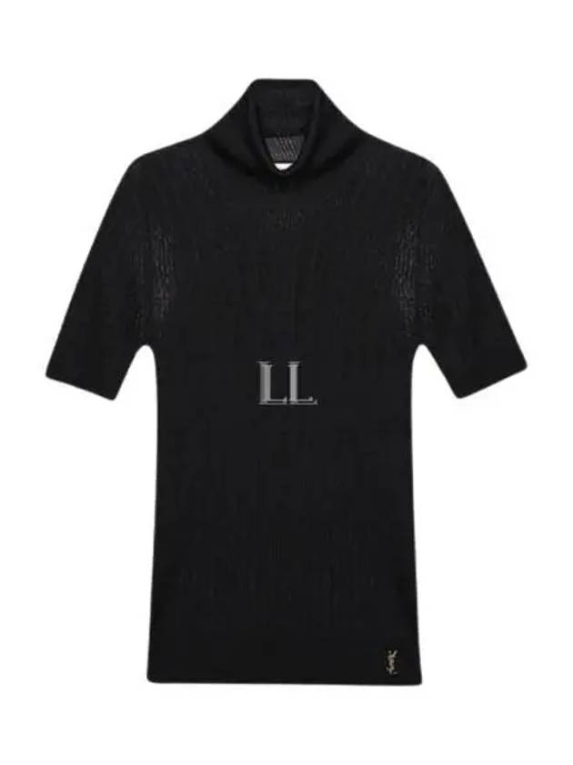 Luxury Saint Laurent Rib Silk Monogram Short Sleeve Turtleneck Black