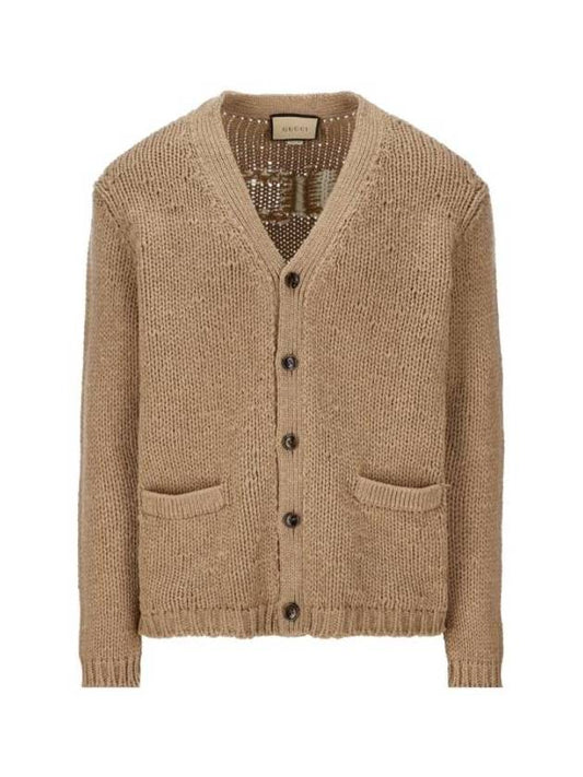 Luxury Gucci Trending 2025 Intarsia Knit Wool Cardigan Camel Ivory