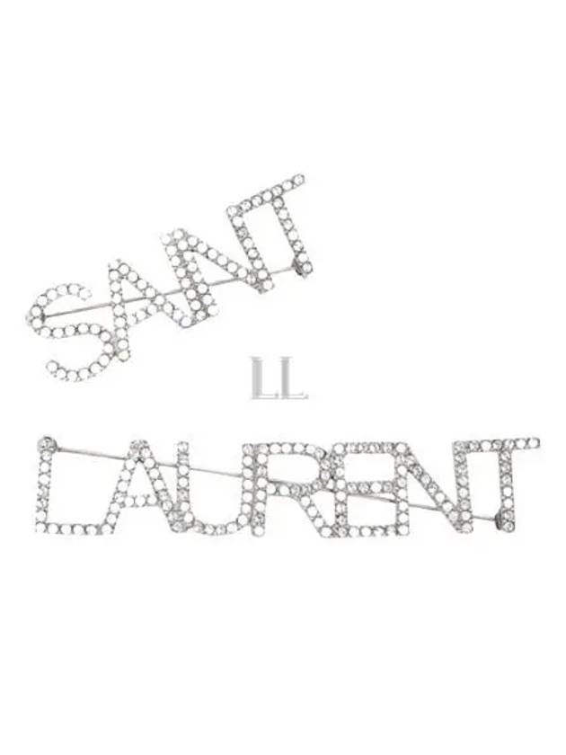 Luxury Saint Laurent Crystal Brass Pin Brooch Oxidized Silver