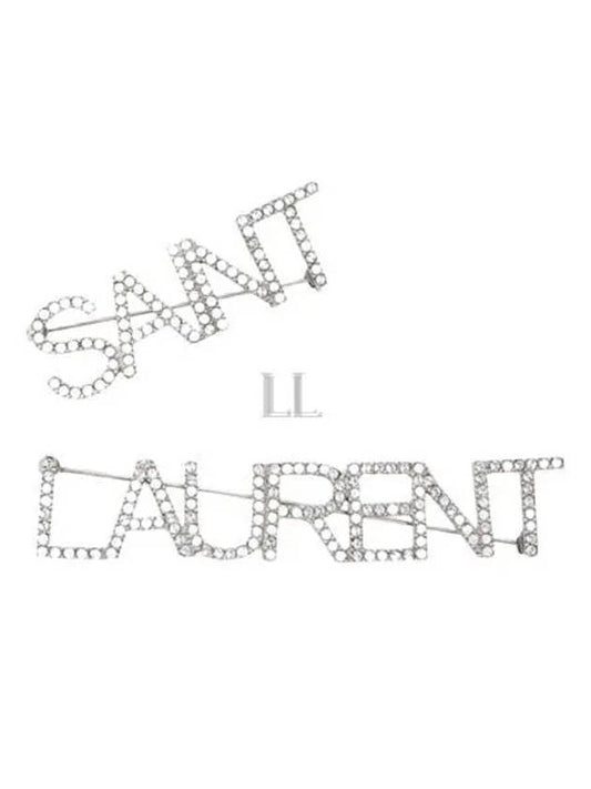 Luxury Saint Laurent Crystal Brass Pin Brooch Oxidized Silver