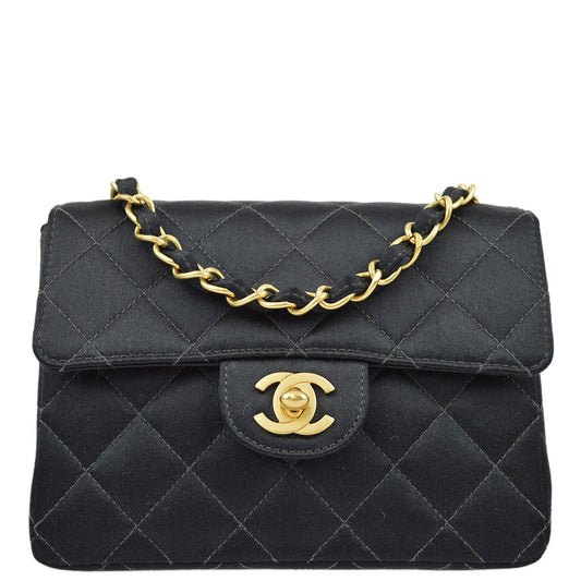 Luxury Chanel Black Satin Mini Classic Square Flap Shoulder Bag 17