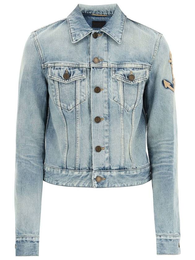 Luxury Saint Laurent Anchor Embroidered Denim Jacket Blue
