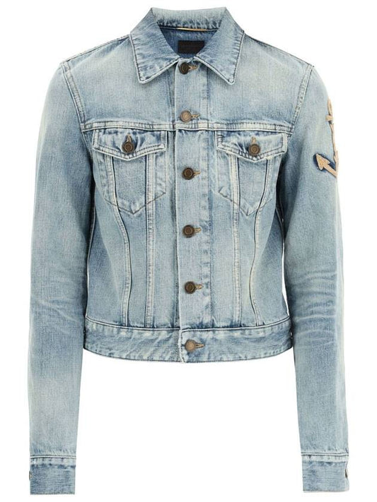 Luxury Saint Laurent Anchor Embroidered Denim Jacket Blue