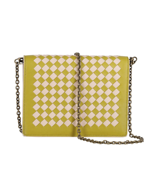 Luxury Bottega Veneta Intrecciato Small Chain Wallet Bag in Green Leather