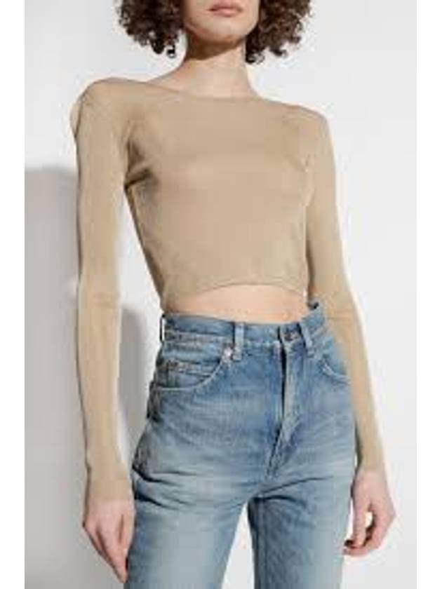 Luxury Saint Laurent Rib Detail Viscose Crop Long Sleeve T-Shirt Beige