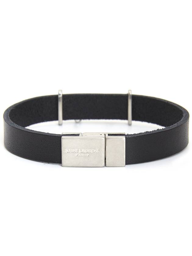 Luxury Saint Laurent Opyum Silver Logo Leather Bracelet Black