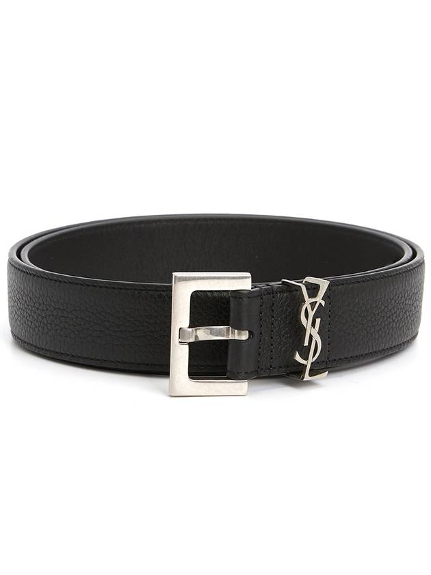 Luxury Saint Laurent Grained Leather Silver Monogram Belt Black