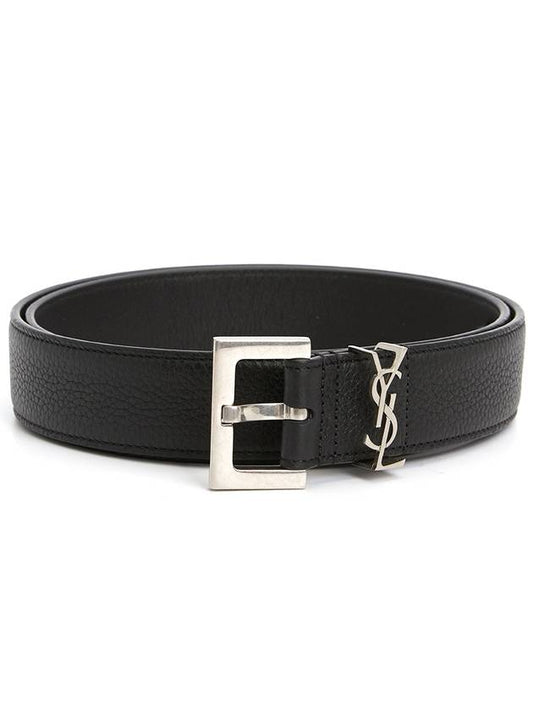 Luxury Saint Laurent Grained Leather Silver Monogram Belt Black