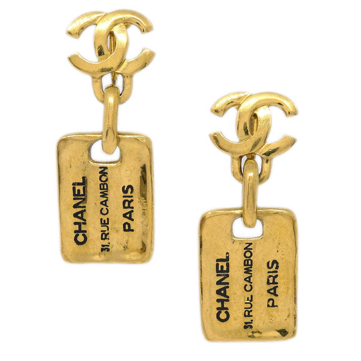 Chanel Dangle Plate Earrings Clip-On Gold 2344