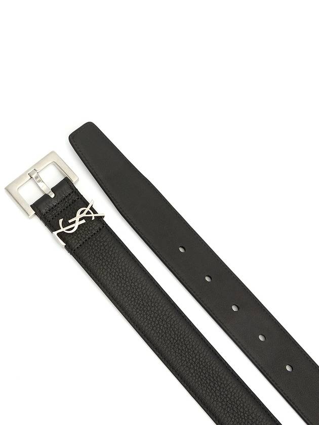 Luxury Saint Laurent Grained Leather Silver Monogram Belt Black