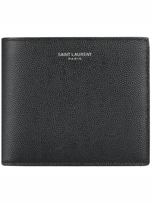 Luxury Saint Laurent Classic Logo Textured Leather Half Wallet Black