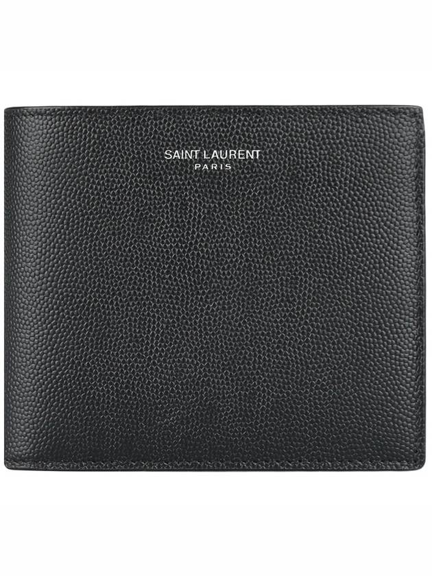 Luxury Saint Laurent Classic Logo Textured Leather Half Wallet Black